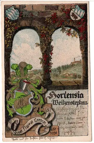 Freising, Hortensia Weihenstephan, 1922 gebr. Farb Studentica-AK 