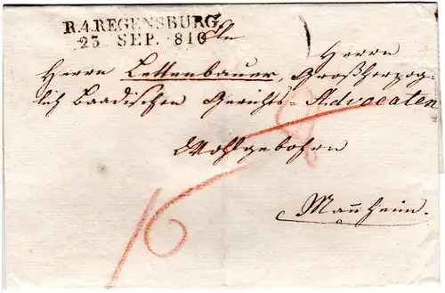 Bayern 1810, L2 R.4. REGENSBURG auf Porto Brief n. Mannheim in Baden