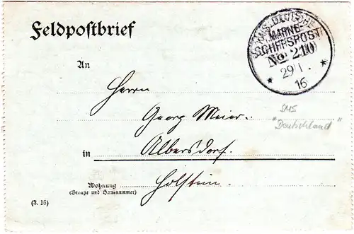 DR 1916, K1 Kais. Marine Schiffspost No.210 auf FP-Brief v. SMS Deutschland