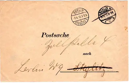 DR 1912, portofreier Postsache Brief v. Berlin W *9 k u. Berlin-Steglitz 1 k