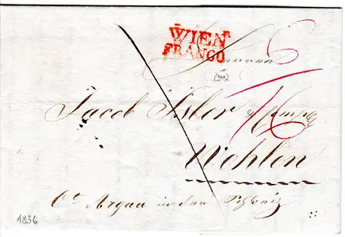 Österreich 1836, roter L2 WIEN FRANCO auf Brief i.d. Schweiz 