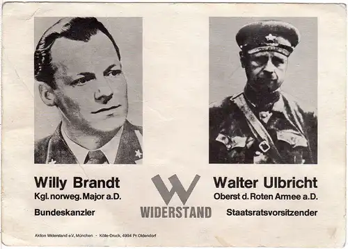 Aktion Widerstand e.V. München, ungebr. sw-AK m. Willy Brandt u. Walter Ulbricht