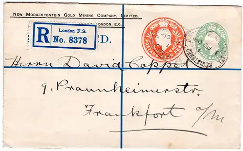 GB 1908, 1/2+4d Doppelwertstempel Einschreiben Privatganzsache Brief v. London