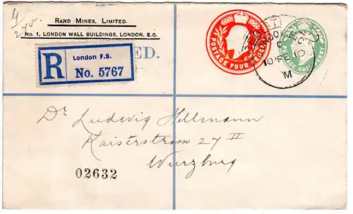 GB 1910, 1/2+4d Doppelwertstempel Einschreiben Privatganzsache Brief v. London