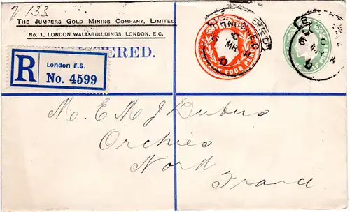 GB 1911, 1/2+4d Doppelwertstempel Einschreiben Privatganzsache Brief v. London