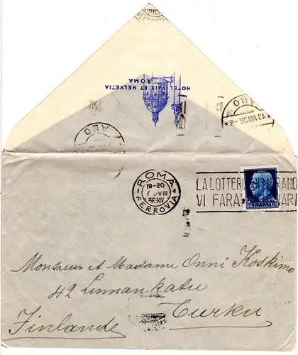 Italien 1936, 1,25 L.auf Hotel Brief v. Rom n. Turku, Finnland