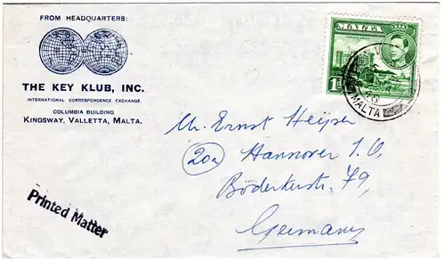 Malta 1948, 1d auf Firmen Umschlag The Key Club n. Deutschland