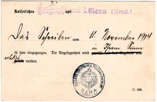 DR 1914, portofreie Postsache d. Kaiserl. Dt. Telegraphenamt GERA