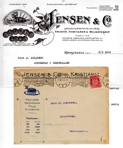 Norwegen 1914, 10 öre auf Firmen Reklame Brief Jensen & Co. Kristiania