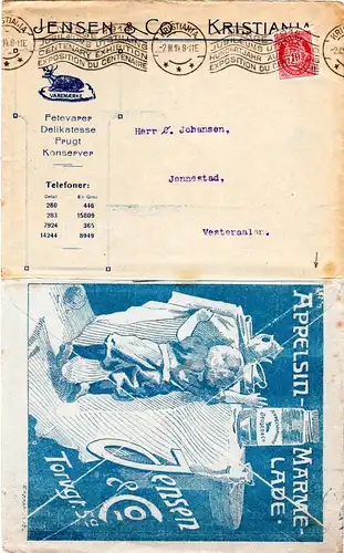 Norwegen 1914, 10 öre auf Firmen Reklame Brief Jensen & Co. Kristiania