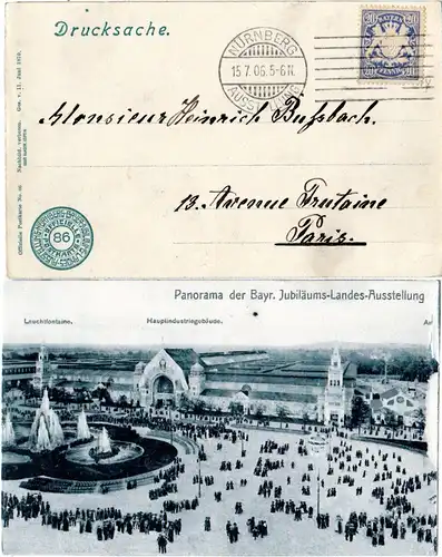 Bayern 1906, Sonderstempel NÜRNBERG AUSSTELLUNG auf Karte n. Frankreich