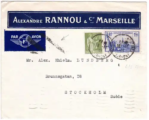 Frankreich 1939, Brief m. Luftpost Annullierungsstpl. v. Marseille n. Schweden