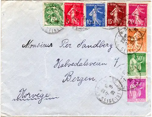 Frankreich 1935, 8 versch. Marken auf Brief v. Rouen n. Norwegen