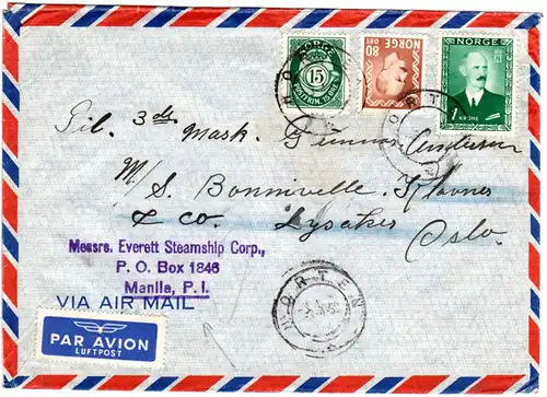 Norwegen 1952, Nachsende Luftpost Brief v. Horten n. Manila, Philippinen. 