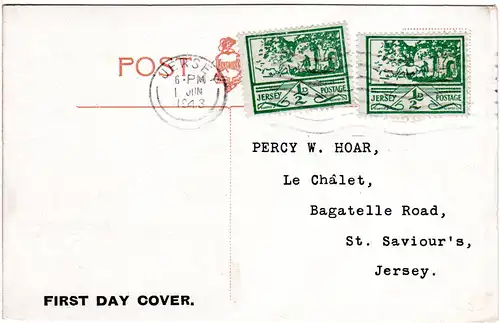 Jersey 1943, 2x 1/2d auf AK m. Ersttags-Maschinenstpl.