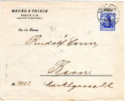 DR 1908, 20 Pf. Germania m. perfin Firmenlochung auf Brief v. Berlin