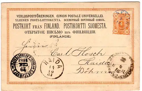 Finnland 1881, blauer Fingerhut Stpl. EKENÄS auf 10 P. Ganzsache n. Österreich.