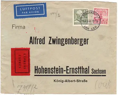 Schweden 1941, 40+60 öre auf Luftpost Express Brief v. Stockholm n. Deutschland