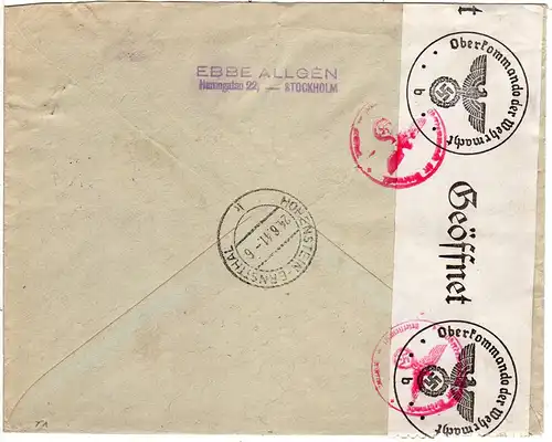 Schweden 1941, 40+60 öre auf Luftpost Express Brief v. Stockholm n. Deutschland
