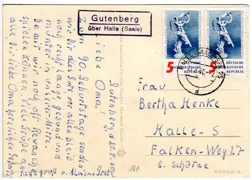 DDR 1960, Landpost Stpl. GUTENBERG über Halle auf Karte m. MeF 2x5 Pf.