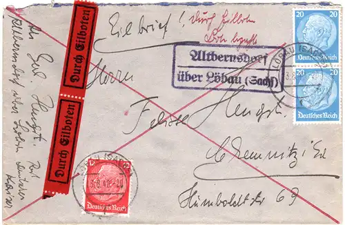 DR 1940, Landpost Stpl. ALTBERNSDORF über Löbau auf Eilboten Brief! 