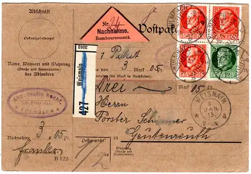 Bayern 1915, 5+3x10 Pf. Friedensdruck auf NN-Paketkarte v. Weismain. Geprüft.