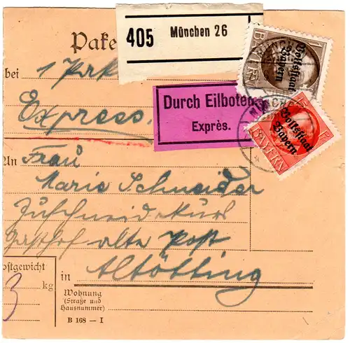 Bayern 1919, 15 Pf.+1 Mk. Volksstaat auf Eilboten-Paketkarte v. München. Geprüft