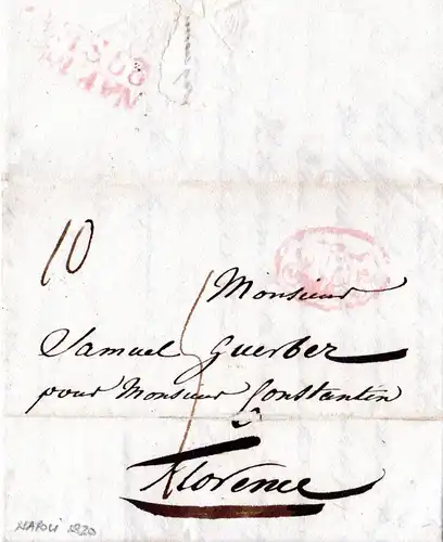 Italien Neapel 1820, roter L2 NAP...rücks. auf Porto Brief n. Florenz Toscana