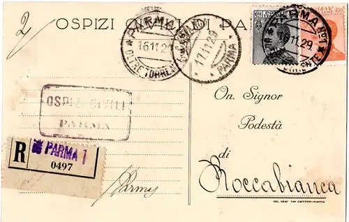 Italien 1929, 30+60 C. auf Einschreiben Postkarte v. PARMA No.1 OLTRE TORRENTE