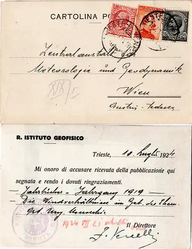 Italien 1924, 10+15+20 C. auf Karte ISTITUTO GEOFISICO, Bahnpost Trieste-Ravenna