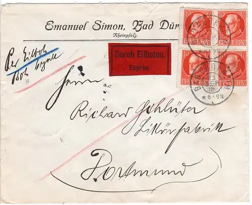 Bayern 1916, MeF 4x10 Pf. auf portorichtigem Express Brief v. Bad Dürkheim