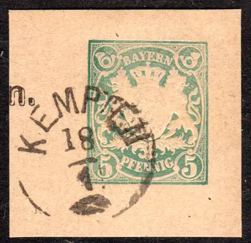 Bayern, Zier-K1 KEMPTEN Typ 2 klar auf 5 Pf. Ganzsachenausschnitt. Geprüft.