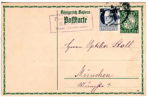 Bayern 1916, Postablage Mattsies Taxe Thannhausen auf Ganzsache m. Zusatzfr.