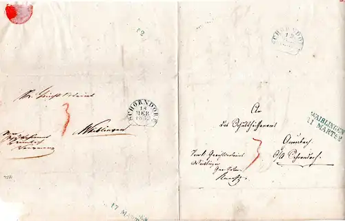 Württemberg 1852, L2 WAIBLINGEN auf 2mal verwendetem Brief n. Grunbach 