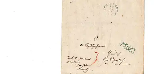 Württemberg 1852, L2 WAIBLINGEN auf 2mal verwendetem Brief n. Grunbach 