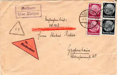 DR 1936, Landpost Stpl. GRÖBERN über Meißen auf Nachnahme Brief m. 4 Marken 