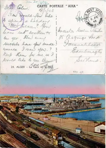 GB Algeria, FPO 159 auf zensierter AK Alger m. Bahnhof, Hafen, Kriegsschiffen