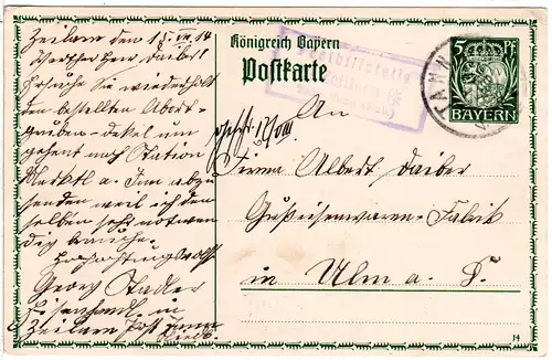 Bayern 1914, Posthilfstelle ZEITLARN Taxe Tann (Ndb.) auf 5 Pf. Ganzsache 