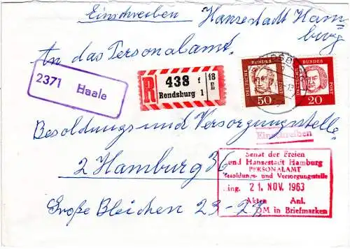 BRD 1963, Landpost Stpl. 2371 HAALE auf Einschreiben Brief m. 20+70 Pf