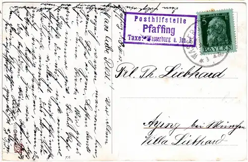 Bayern 1912, Posthilfstelle PFAFFING Taxe Wasserburg a. Inn 2 auf Karte m. 5 Pf.