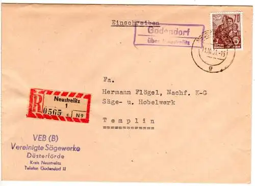 DDR 1961, Landpost Stpl. GODENDORF über Neustrelitz auf Reko Brief m. 70 Pf.