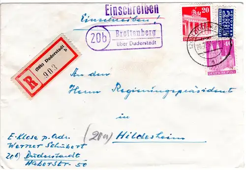 1950, Landpost Stpl. 20b BREITENBERG über Duderstadt auf Reko Brief m. 20+40 Pf 
