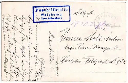 Bayern 1918, Posthilfstelle WALCHSING Taxe Aldersbach auf Feldpost Karte 