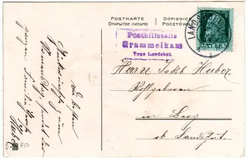 Bayern 1914, Posthilfstelle GRAMMELKAM Taxe Landshut auf Karte m. 5 Pf.