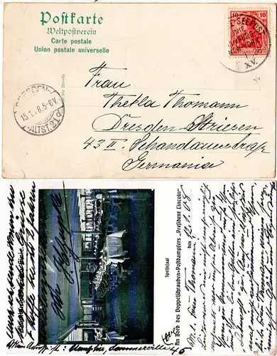DR 1908, Deutsche Seepost Linie Hamburg New-York XV. auf Karte m. 10 Pf.
