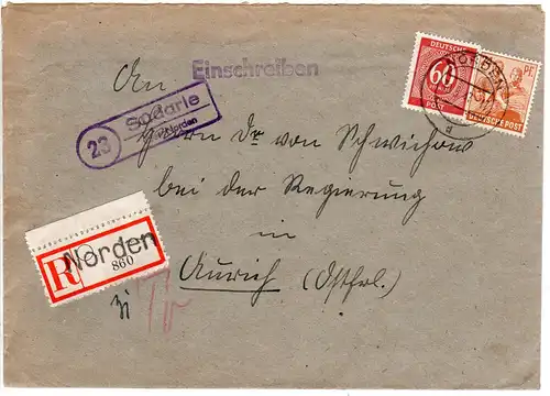 DR 1947, Landpost Stpl. SÜDARLE über Norden auf Einschreiben Brief m. 24+60 Pf.