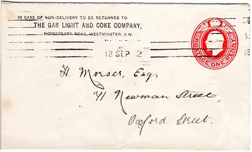 GB 1912, 1d stationery envelope The Gas Light And Coke Company, used in London