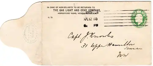 GB 1912, 1/2d stationery envelope The Gas Light And Coke Company, used in London