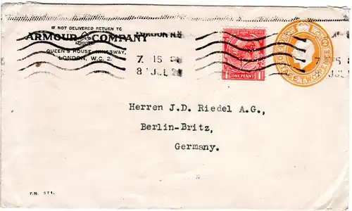 GB 1921, 1d with perfin on 2d stationery envelope Armour Company, used in London
