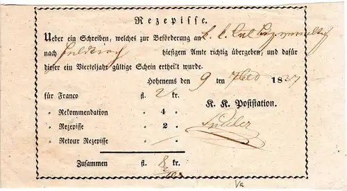 Österreich 1837, Hohenems, Vordruck Rezepisse f. Einschreiben Sendung